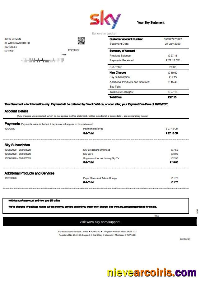 United Kingdom Sky utility bill statement